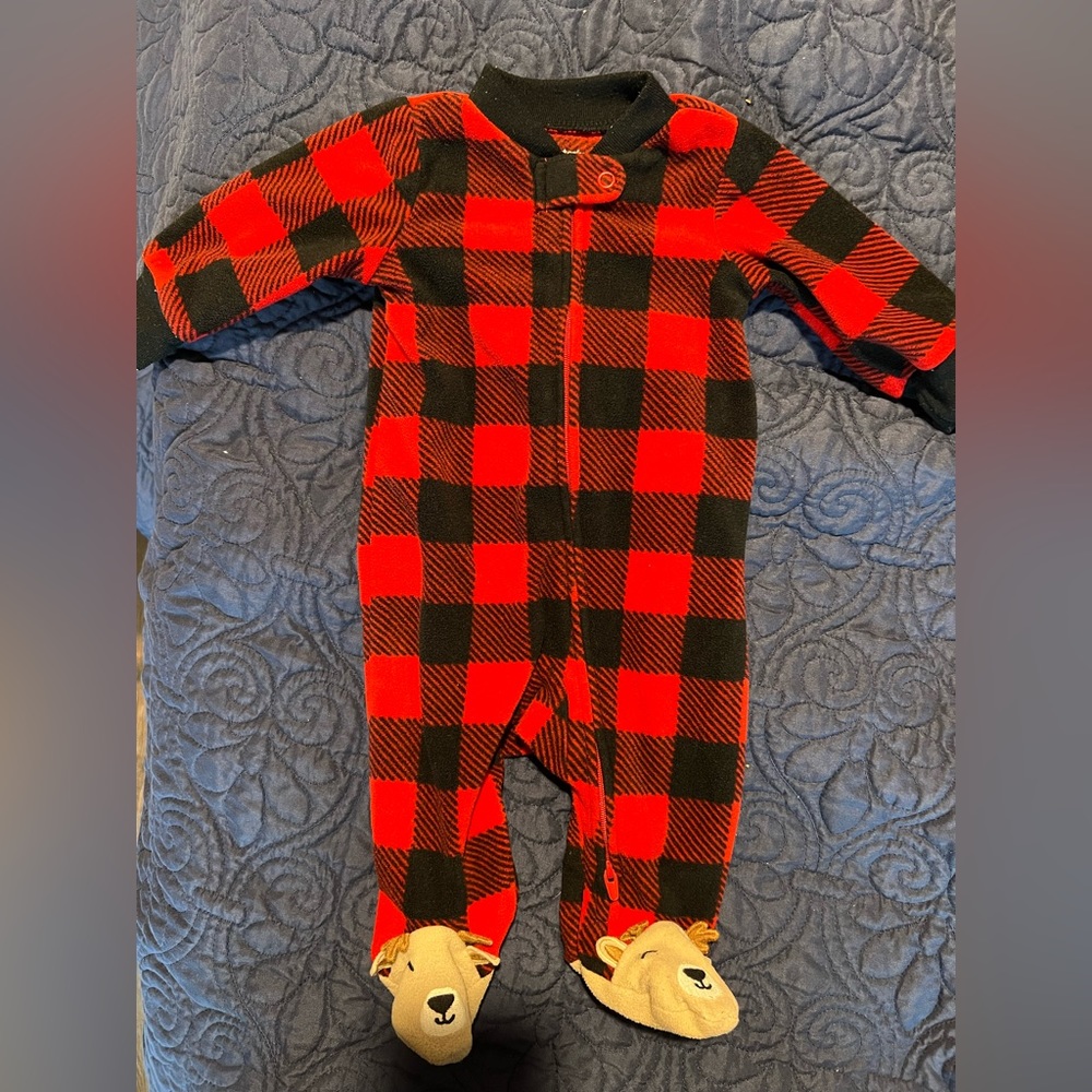 Carters 3 months Buffalo check pajamas.  Reindeer footies.  Double zipper.